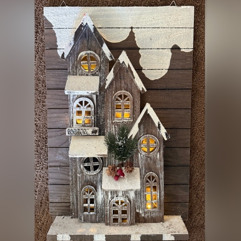 Wooden Lighted Christmas House Wall Decor 17.5 x 12 x 3 Holiday Winter Snow - Picture 3 of 4